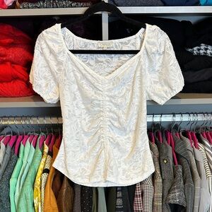 Chenault white short puff sleeve ruched v neck burn out top size S